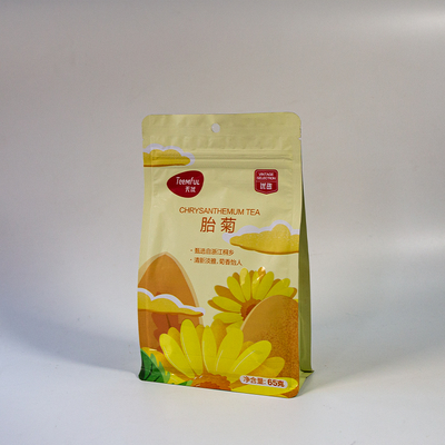 Túi đáy phẳng niêm phong tám mặt Aroma-Lock để đóng gói trà với rào cản oxy và chống ẩm.