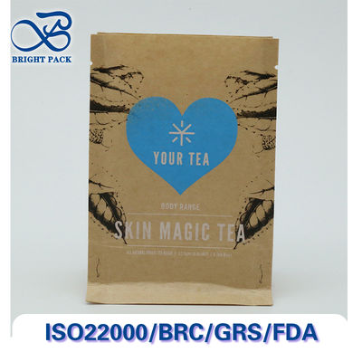 Túi giấy Kraft niêm phong tám mặt có thể tái chế và ủ phân cho bao bì trà với in ấn và kích thước tùy chỉnh.